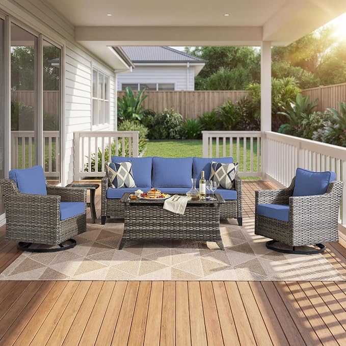 Luxury Patio Furniture sofa Set - 5 Pieces All Weather Wicker Outdoor Couch and High Back Swivel Rocker Patio Chairs with Glass coffee table for Deck Yard and Poolside Gray Wicker | Blue Cushions