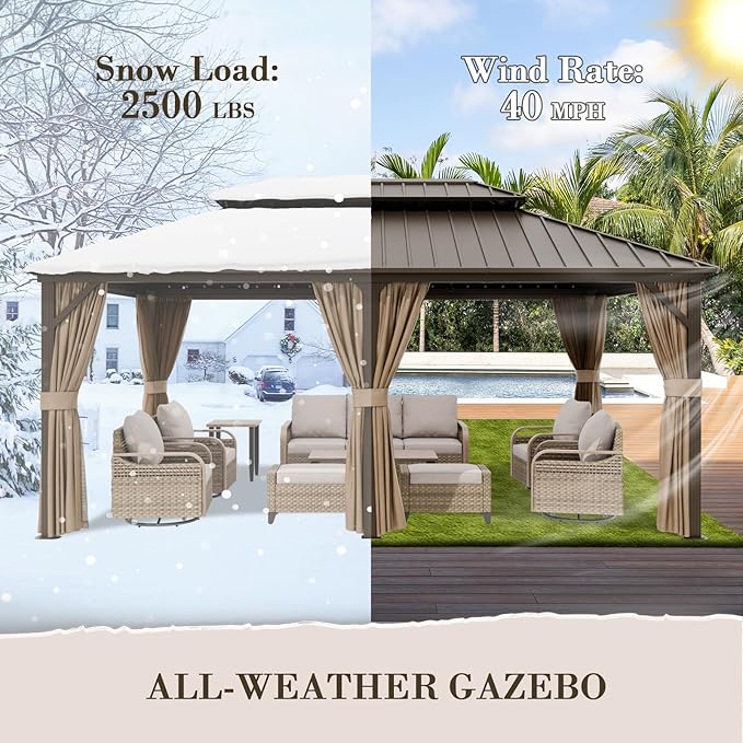EAGLE PEAK 12x18 Hardtop Gazebo, Galvanized Steel Double Roof with Aluminum Frame, Outdoor Pavilion with Netting and Curtains for Patio, Deck, Lawn and Garden, Dark Brown/Tan