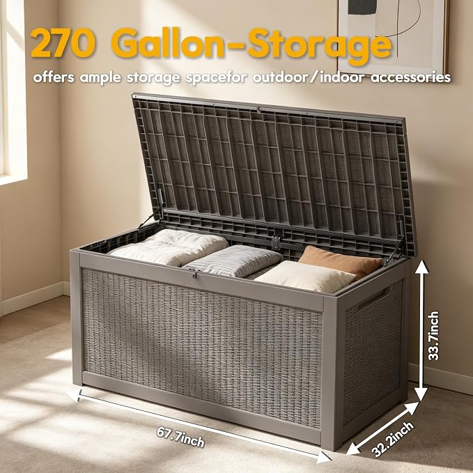 LAUSAINT HOME 280 Gallon Colossal Resin Deck Box with Hydraulic Pistons - Grand Estate Size Waterproof Outdoor Storage Bench, Lockable Patio Furniture Locker for Pool and Backyard (Light Brown)
