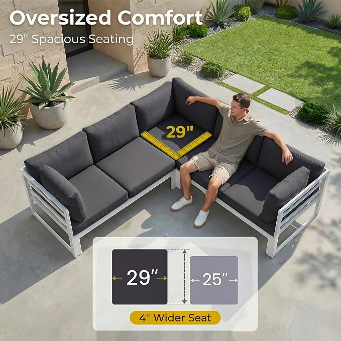 RADIATA 9 Piece Modern Aluminum Patio Furniture Set with Fire Pit Table & Side Table, 500 lbs Heavy Duty Outdoor Sectional Sofa, 29" Deep Wide Oversize Seating Conversation Couch for Garden, Dark Gray