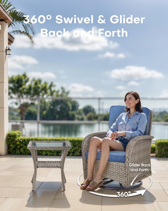 7 Pieces Patio Furniture-Patio Swivel Chairs Set of 2 Outdoor Glider Bench Rocking Chair with Patio Ottomans Patio Conversation Sets for Deck Porch Garden Balcony Poolside-Grey/Blue