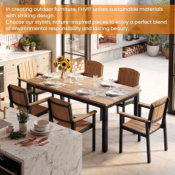 Outdoor Dining Sets Patio Table and Chairs Set 7-Piece, Aluminum Frame HDPS Faux Wood, All Weather Patio Dining Set with Umbrella Hole for Garden Backyard Poolside Nature Wood