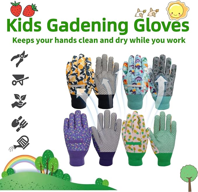 Gardening Gloves for Kids,Toddler,Children,Gift,Cute Pattern,Age3-8 | Canvas,Cute Floral Pattern,Anti-slip Dotted Palm,Soft Knit Wrist,Gardening Gift for Kid,Toddler,Daily Work,Outdoor Activities