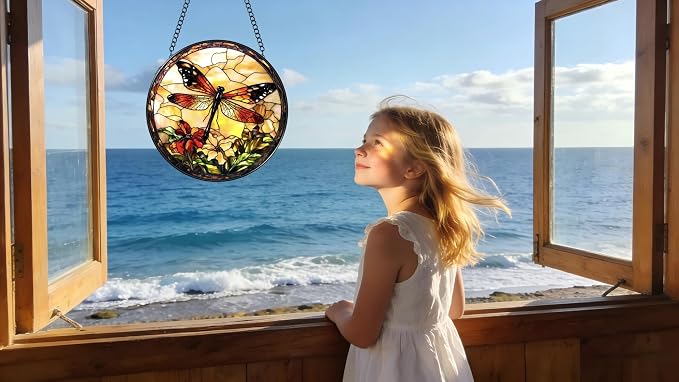Stained Glass Window Hanging - A Dragonfly is Docked in The Garden 6.3 Inches Suncatcher for Garden Home Decor for Women Mom Grandma Friends