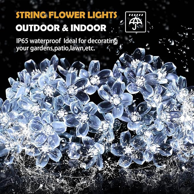 ITICdecor Outdoor Solar Flower String Lights Waterproof 50 LED Fairy Light Decorations for Christmas Tree Garden Patio Fence Yard Spring (Cool White)