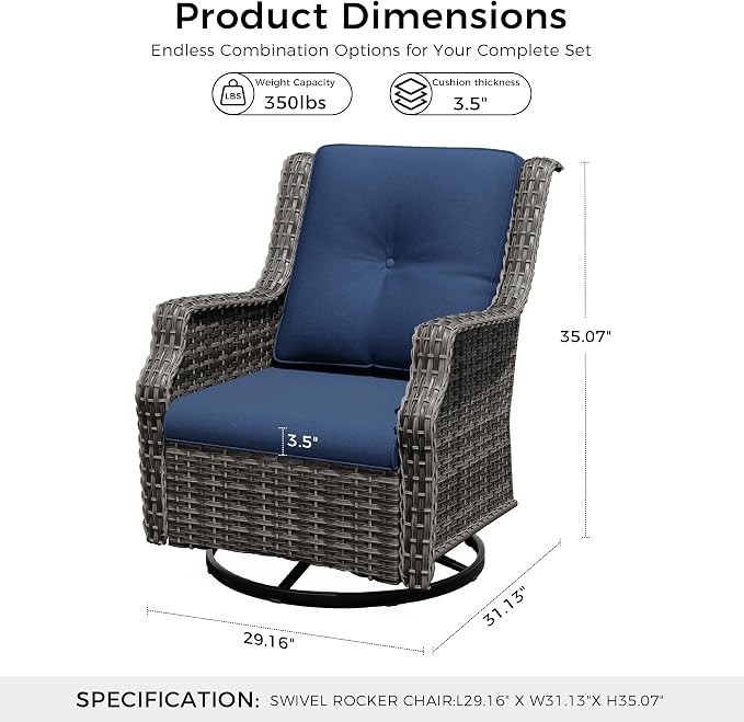 Outdoor Patio Furniture Set, 4 Piece Wicker Patio Furniture with Thick Cushions, Curved Armrest, Deep Seating, Outdoor Swivel Rocker Chairs for Porch, Deck, Balcony