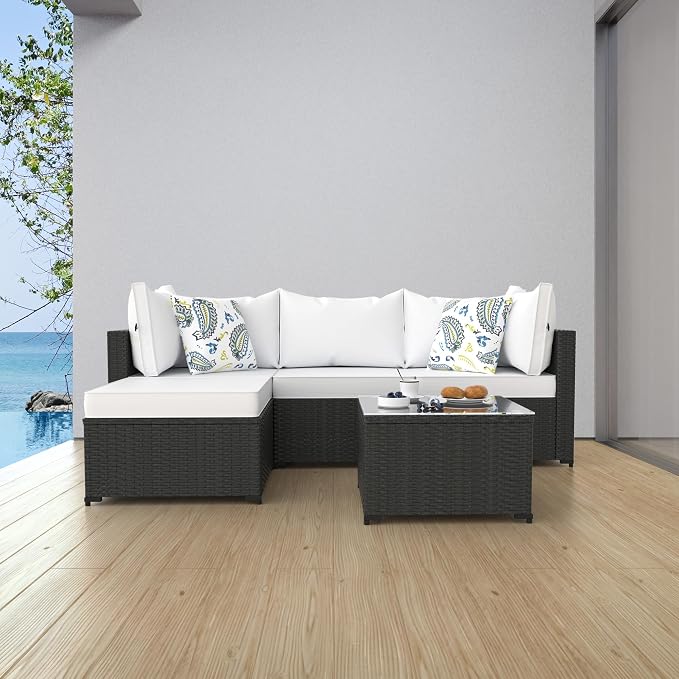 Patio Furniture Set, 5PCS Patio Sectional with Ottoman Wicker Rattan Outdoor Furniture with Thickened Cushion Modular Wicker Patio Conversation Set with Glass Top Table for Balcony, Backyard(White)