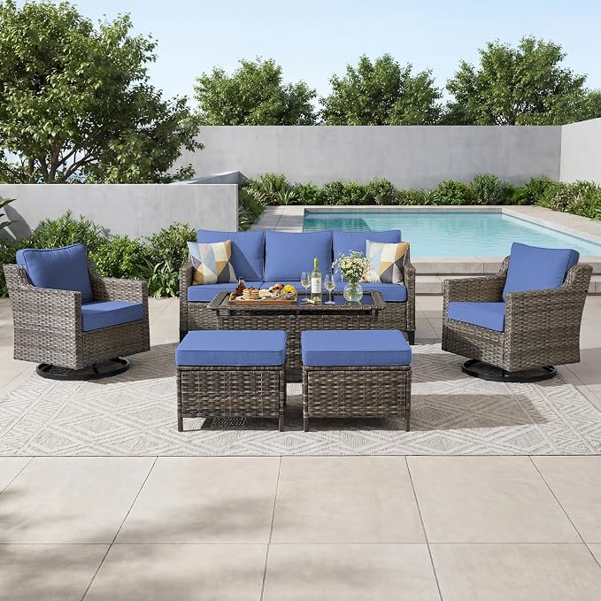 Luxury Patio Furniture sofa Set - 6 Pieces All Weather Wicker Outdoor Couch and High Back Swivel Rocker Patio Chairs with Glass coffee table for Deck Yard and Poolside Gray Wicker | Blue Cushions
