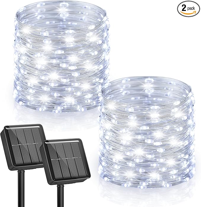 Minetom Solar Fairy Lights, 2 Pack Total 66 FT 200 LED Solar String Lights | IP65 Waterproof Twinkles Lights with 8 Modes, Christmas Lights Outdoor for Patio Party Garden Yard Tree Decor (Cool White)
