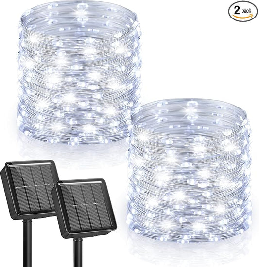 Minetom Solar Fairy Lights, 2 Pack Total 66 FT 200 LED Solar String Lights | IP65 Waterproof Twinkles Lights with 8 Modes, Christmas Lights Outdoor for Patio Party Garden Yard Tree Decor (Cool White)