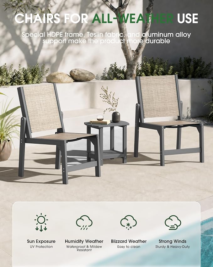Patio Stackable Chair, HDPE Armless Outdoor Dining Chairs with Wide Seat, All-Weather Textilene Oversized Porch Chair for Garden, Poolside, Backyard, Deck | Grey