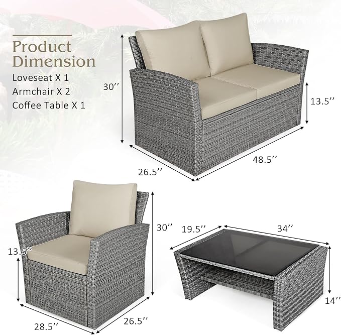 RELAX4LIFE 4-Piece Patio Conversation Seat - Wicker Sofa Set w/Seat & Back Cushions, Coffee Table w/Tempered Glass Tabletop, Outdoor Rattan Sofa Set for Backyard, Porch (Brown)