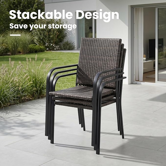 VICLLAX 7 Pieces Patio Dining Set, 6 Stakable Wicker Outdoor Chairs and 47" Patio Round Metal Table with Umbrella Hole for Backyard Lawn Deck, Black Tabletop