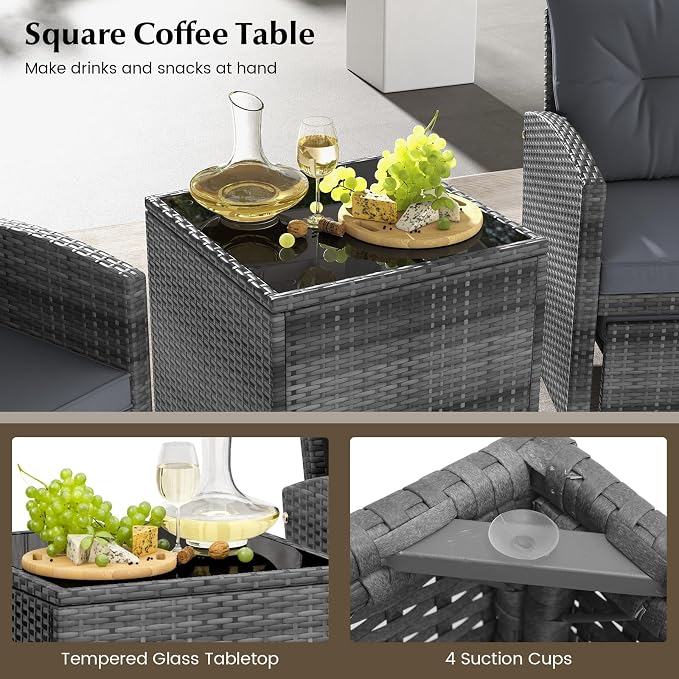 COSTWAY 5-Piece Rattan Conversation Set, Outdoor Wicker Sofa, Tempered Glass Coffee Table & Ottomans for Small Space, Boho Chic Indoor/Outdoor Furniture Set for Poolside, Backyard, Deck (Grey)