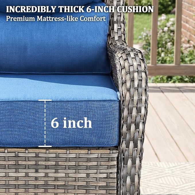 Luxury Swivel Rocker Chairs Fire Pit Set with 6" Thick Cushion 10 piece Wicker Outdoor Patio Chair with Sofa and Ottoman,Comfortable High Back Outdoor Patio Furniture Set - Gery | Blue