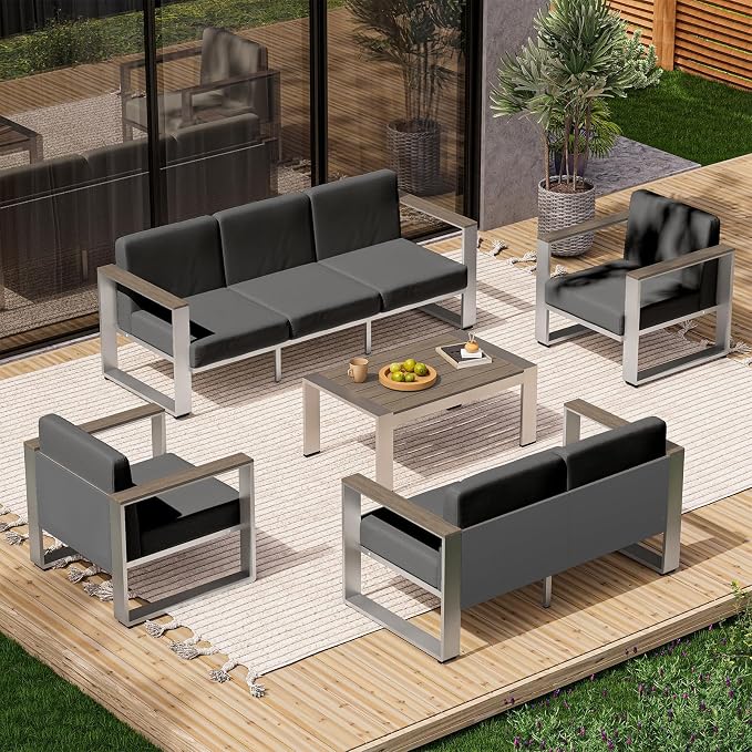 Outdoor Patio Furniture Set, 7 Seats Outdoor Patio Conversation Sets with Wide Seat and Ergonomic Washable Thick Cushions, Modern Patio Sectional Furniture for Balcony, Porch