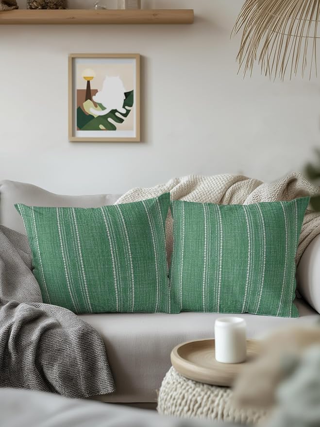 Waterproof Outdoor Pillow Set of 2 Green Linen Stripes Decorative Throw Pillows Cover & Insert 18x18 Inch Pillowcase Parallel Vertical Lines Pillows for Couch Sofa Bed Patio Furniture Indoor Outdoor