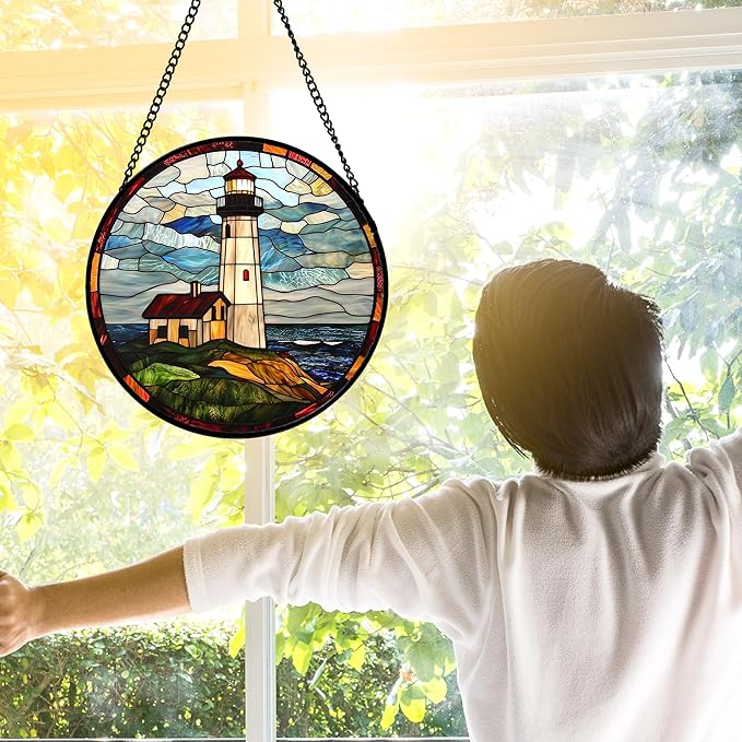 DASTOLL Stained Glass Window Hanging, Ocean Lighthouse Sun Catchers Glass Panel Blue Green Suncatcher Decor for Birthday for Women, Men, Wife, Aunt, and Mom 11.8 in