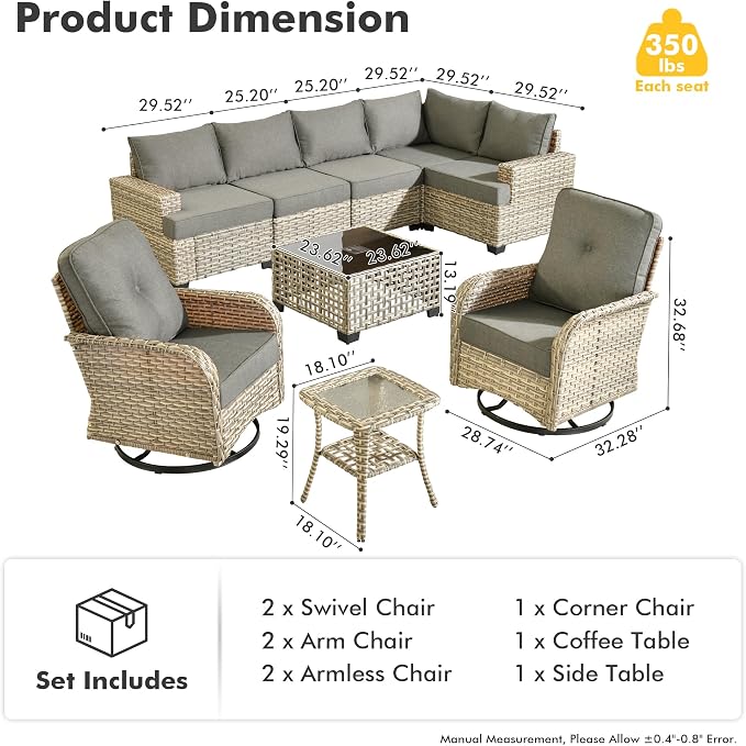 CAODOC 9 Piece Patio Furniture All Weather 7-Seater Outdoor Sectional Sofa with Patio Swivel Chairs and Solar Powered Coffee Table for Porch,Garden,Backyard,Deck(Dark Grey)