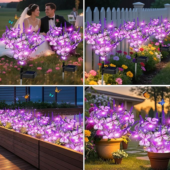 NBQQ Solar Garden Lights Outdoor 4 Pack Lavender Butterfly Lights, Solar Artificial Flower Outdoor Waterproof Decoration Gardening Gifts for Women, Yard Patio Pathway Lawn Courtyard Decoration