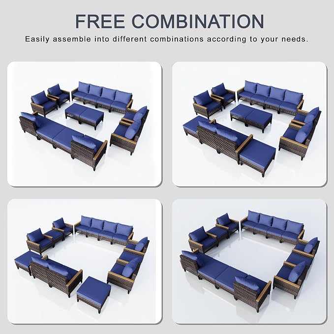 14-Piece Outdoor Patio Furniture Set, Wicker Conversation Set with Armchairs and Ottomans, Rattan Sectional Modular Sofa Couches for Porch, Poolside, Deck, Balcony, Backyard, Yard (Blue Cushions)
