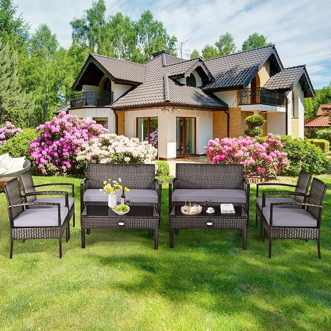 Outdoor Conversation Set 8 Pieces Patio Furniture, Wicker Patio Chair Sofa Set with Water-Resistant Dark-Brown Cushion & Tempered Glass Table for Backyard, Balcony, Porch(Brown)