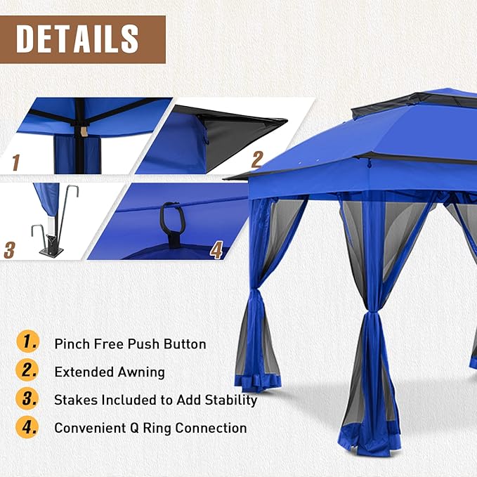11x11 Pop Up Gazebo Tent with Mesh Netting, Instant Outdoor Canopy with UPF 50+ UV Protection, Water Resistant, Blue