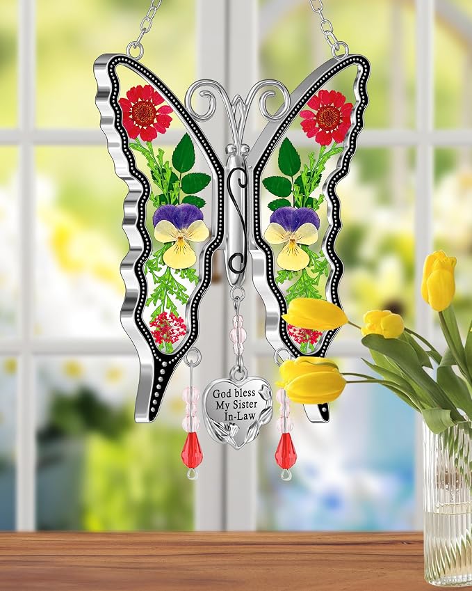KY&BOSAM Gifts for Women God Bless My Sister in-Law Butterfly Suncatcher Sister Gifts Pressed Flower Between Wings Glass Silver Metal Charm Birthday Mother's Day Thanksgiving Christmas