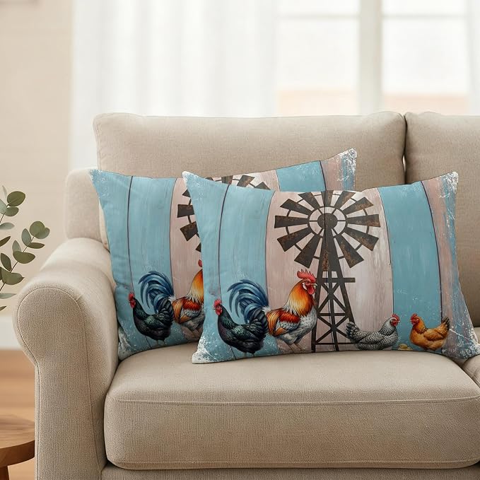 Rooster Hen Outdoor Pillow Covers 20"x12" Set of 2, Rustic Windmill Farmhouse Animal Wood Striped Country Waterproof Throw Pillow Covers for Patio Furniture, Decorative Cushion Covers for Porch