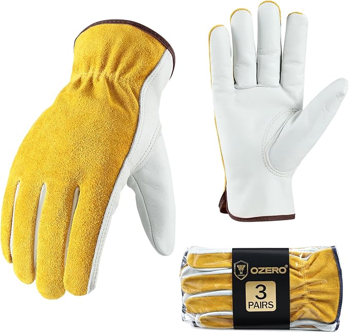 OZERO Leather Work & Gardening Gloves, EN388, Flex Grip, 3Pairs, Medium | Flexible Grip, Keystone Thumb, Elastic Wrist, Breathable Unlined Comfort for Yard Work, Firewood, Landscaping and Farm Tasks