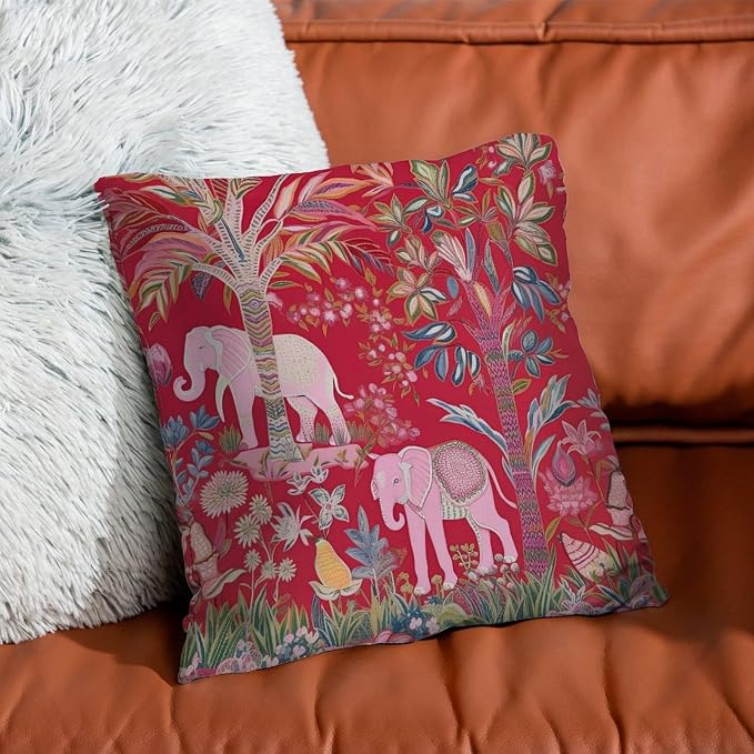 Pillowcase Animal Pink Chinoiserie Pillows Farmhouse Thailand Elephant Jungle Pillow Cover Accent Decorative Cushion Cases Home Decor for Sofa Patio Couch 24x24 in