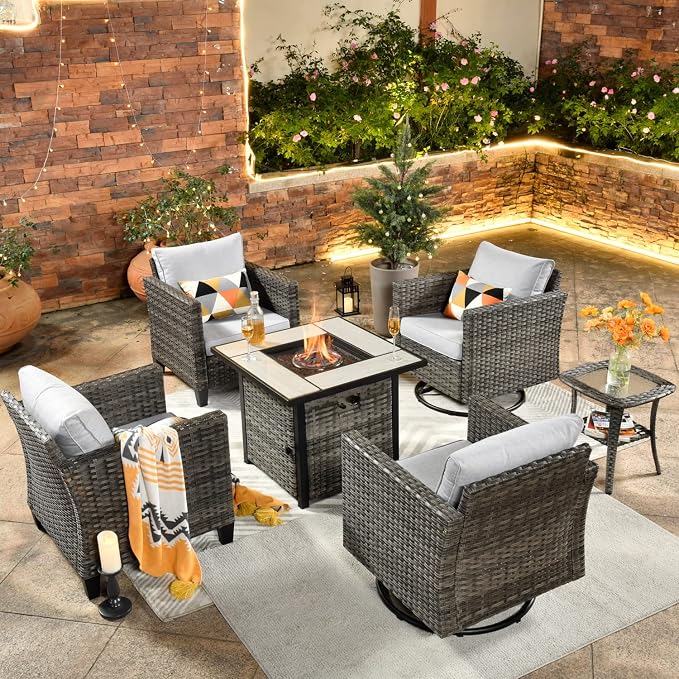 ovios 6 Pieces Patio Furniture Set, Outdoor Wicker Rattan Swivel Chairs with 30" Fire Pit Table, High Back Rocking Glider Chair Conversation Sets for Porch Deck, Grey