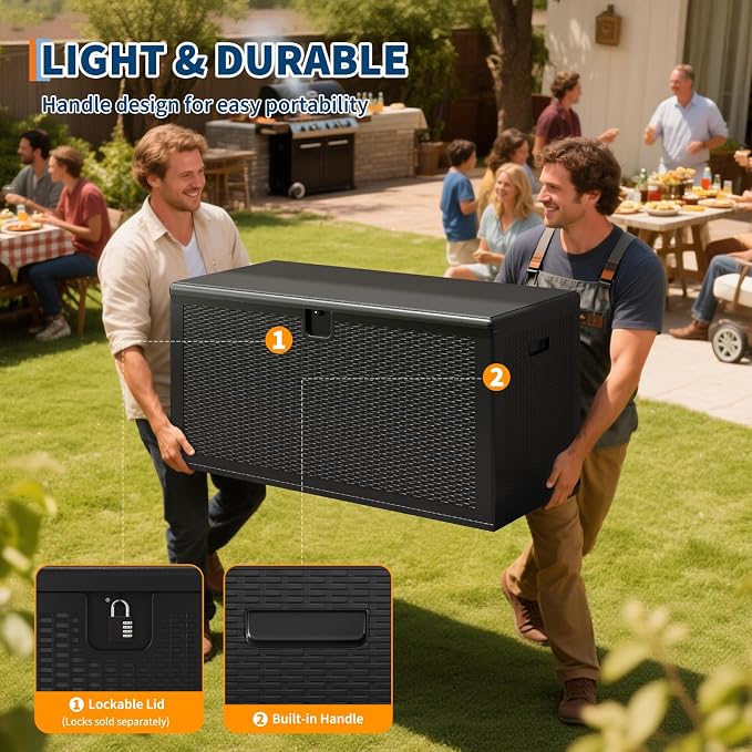 IDEALHOUSE 150 Gallon Resin Deck Box, Waterproof Outdoor Storage Box with Lockable Lid & UV Resistant, Patio Furniture Cushion Storage Container for Garden, Backyard, Poolside (Black)