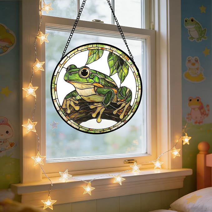 DASTOLL Stained Glass Window Hanging, Frog Green Leaf Sun Catchers Colorful Glass Panel Cool Suncatcher Decor for Birthday for Women, Men, Wife, Aunt, and Mom 7.8 in
