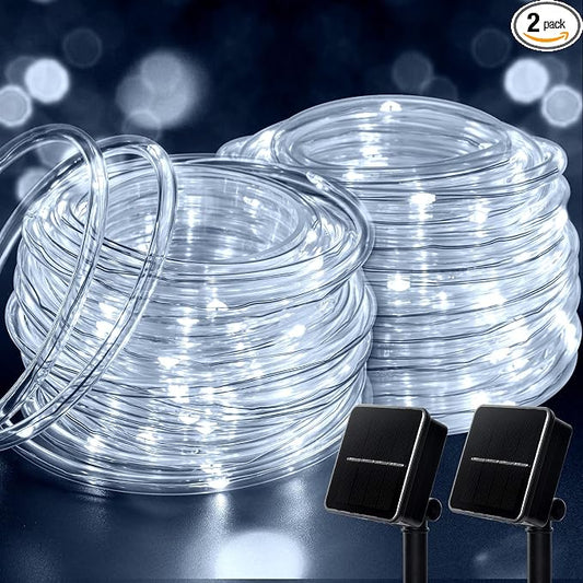 Brightown 2 Pack Total 78FT 200LED Solar Rope Lights, Pure White | IP65 Waterproof Solar Fairy Lights with 8 Lighting Modes, Outdoor String Lights for Party Garden Yard Holiday Tree Decoration