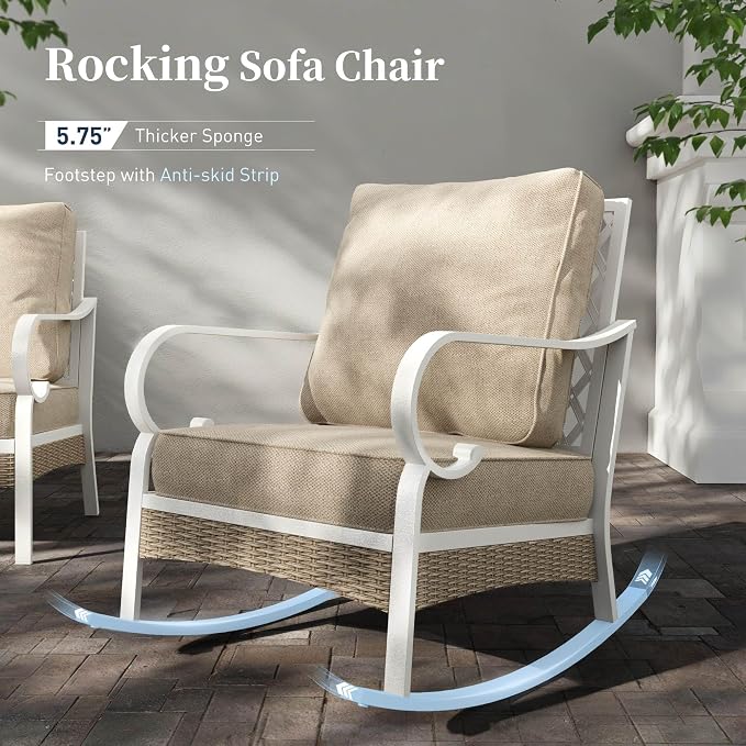 SUNSHINE VALLEY 4 PCS Metal Outdoor Patio Furniture Set, Patio Conversation Set 1 3-seater Sofa, 2 Rocking Chairs with 5.75" Extra Thick Cushion and Coffee Table, White Frame Backyard Furniture, Beige