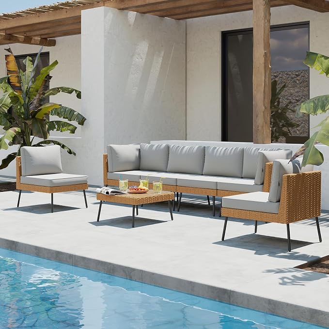 Aoxun Patio Furniture Set, 7 Piece Outdoor Sectional Sofas with Thick Cushion, Wicker Outdoor Patio Furniture Set with Coffee Table for Party, Garden, Backyard, Grey