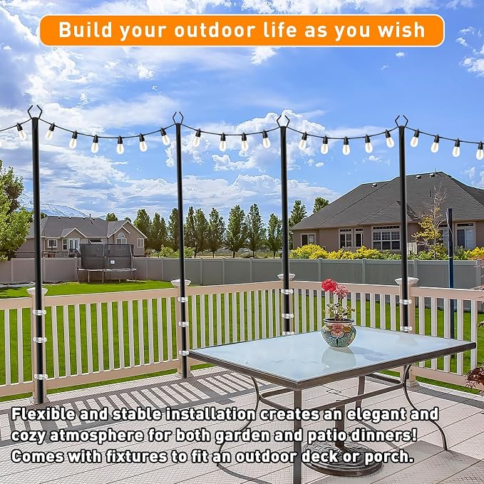 4 Pack 10 FT String Light Poles,Metal with Fork Lights Poles for Outdoor String Light, Rustproof Heavy Duty for Outside Garden,Patio,Wedding,Backyard,Deck,Party