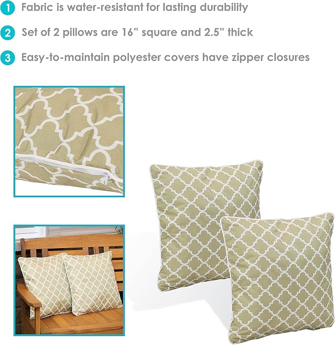 Sunnydaze Set of 2 Indoor/Outdoor Decorative Throw Pillows - 16-Inch Square Throw Pillows - Pillow Set for Indoor or Outdoor Bench, Chair or Loveseat - Tan and White Lattice
