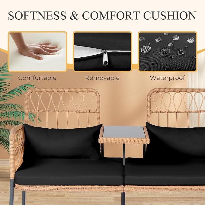 PROHIKER Outdoor Rattan Loveseat with Built-in Glass Table, 2-Seat Wicker Patio Furniture Set with Lumbar Pillows & Thick Cushions, All-Weather Conversation Sofa for Balcony, Porch & Backyard