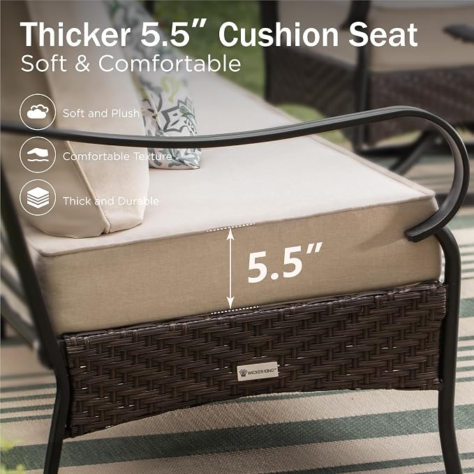 PHI VILLA Outdoor Patio Furniture Set，Premium Rattan Wicker Metal Patio Conversation Sets for Backyard w/Coffee Table, Seat Cushions