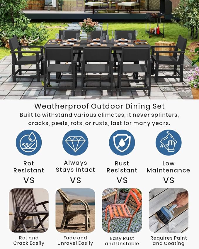 9-Piece HDPE Outdoor Dining Set, Weatherproof Patio Table and Chairs Set for 8, Includes 82.7'' Dining Table and 6 Armchairs, with Umbrella Hole (Black)