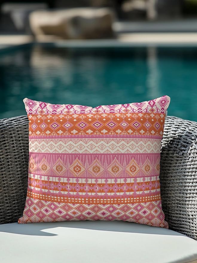Waterproof Outdoor Pillow 1 Pack Red Bohemian Decorative Throw Pillows Cover & Insert 16x16 Inch Pillowcase Boho Style Floral Leaves Geometric Pillows for Couch Sofa Bed Patio Furniture Indoor Outdoor