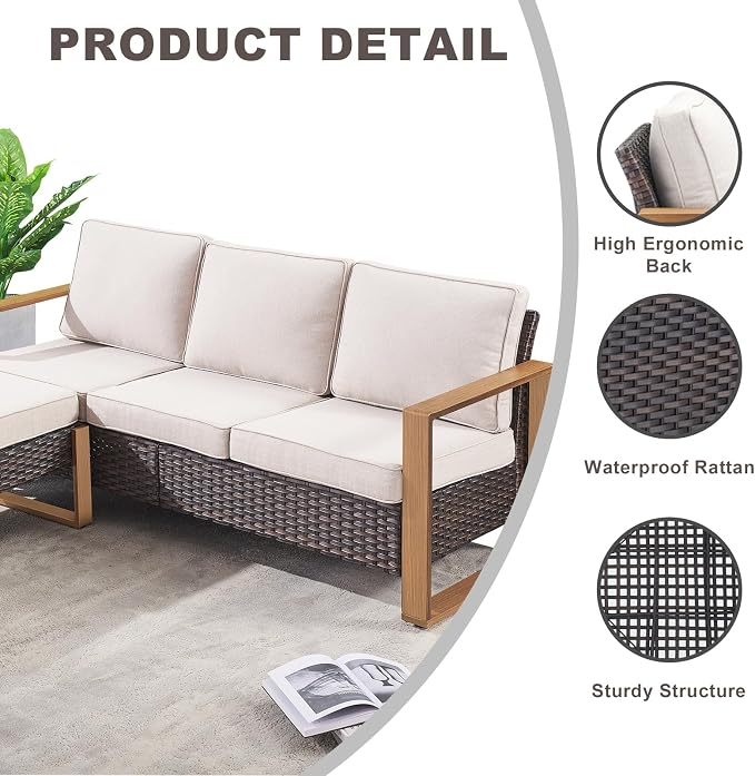 Rilyson Outdoor Wicker Patio Furniture Set - 5 Piece Patio Conversation Set with 2 Wicker Armrest Chairs,2 Rattan Ottoman and 1 Couch,Sturdy Frame,Thick Cushions,Deep Seating(Brown/Beige)