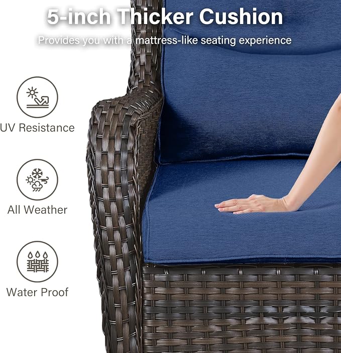 Outdoor Swivel Rocker Patio Chairs Set of 4 with Fire Table - 5" Thick Cushion 5 Piece Furniture Set with Fire Pit Table All Weather Wicker Conversation Set for Porch Deck - Brown/Blue