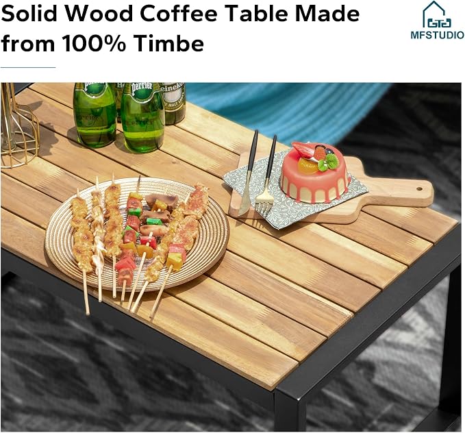 MFSTUDIO 4 Piece Wicker Patio Furniture Set, Small Patio Set with Loveseat & Chaise & Acacia Wood Table, Outdoor Rattan Sectional Furniture, Brown Sofa Couch Set for 4, Red