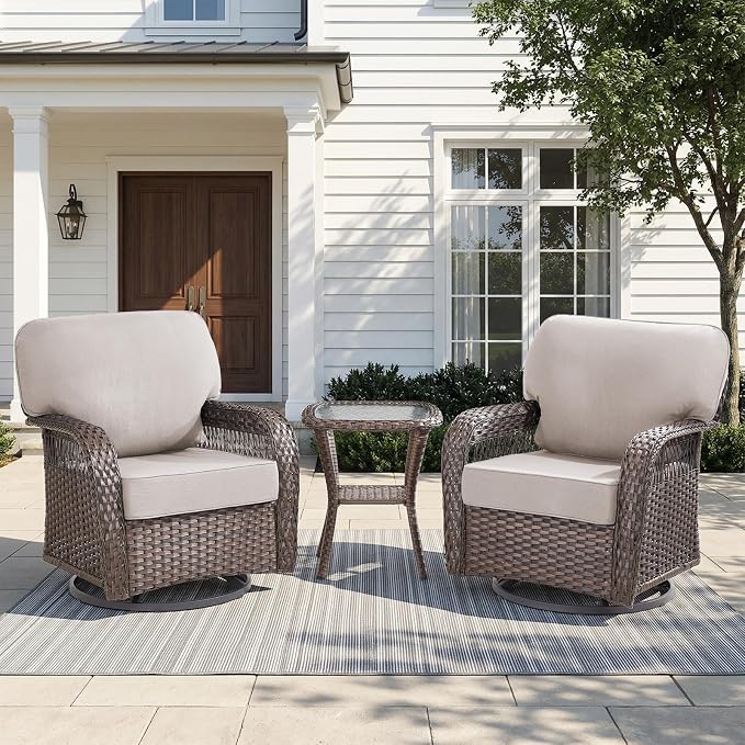 Belord 3 Piece Patio Set,Swivel Patio Chairs Set with Side Table, All-Weather Wicker Backyard Balcony Porch Seating Group,Beige