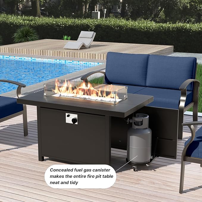 Gotland Aluminum Patio Furniture Set with Fire Pit Table, Metal Patio Furniture with 12 Seats Waterproof 5.1'' Seat Cushions, Oversized Outdoor Sectional Conversation Sets for Balcony Porch Navy