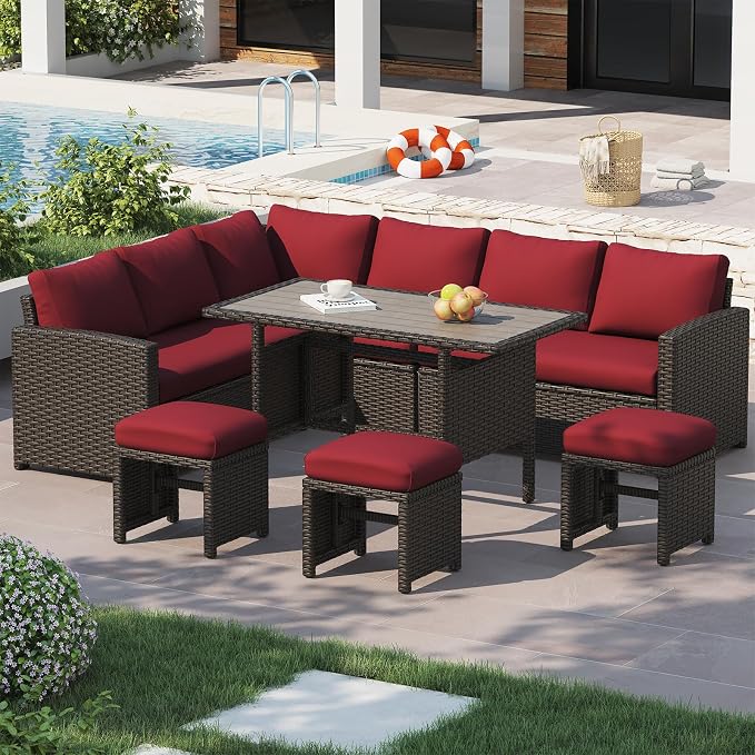 U-MAX 7 Pieces Patio Furniture Set with Waterproof Cover, Outdoor Sectional Sofa Conversation Set, All Weather Wicker Rattan Dining Table & Chair with Ottoman, Brown Rattan&Wine Red Cushion