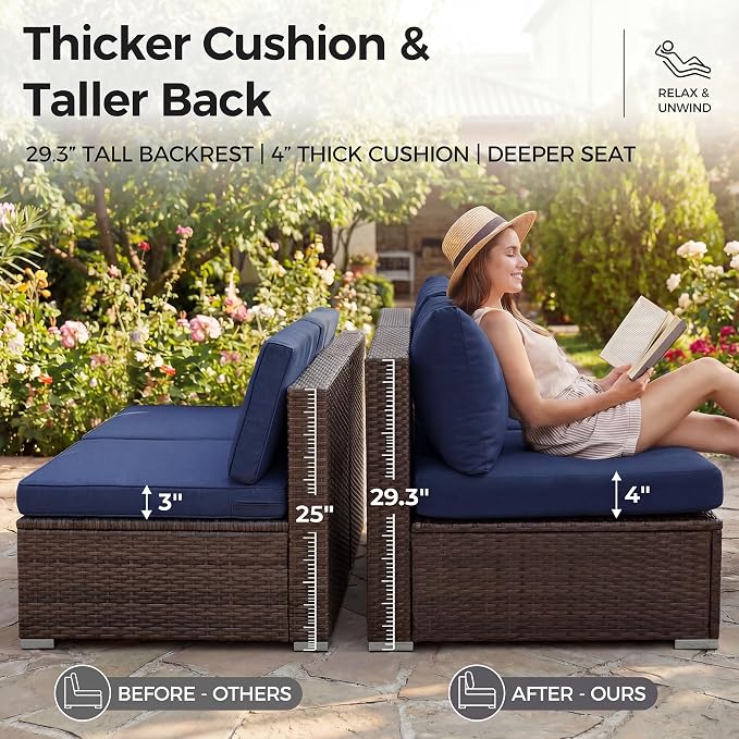 NICESOUL 9 Piece Patio Furniture Set with Fire Pit Natural Gas/Propane, 29.3'' High Back Comfy Outdoor Wicker Conversation Set, XL Large Deep Sitting Sectional Sets, Brown Rattan and Navy Blue Cushion